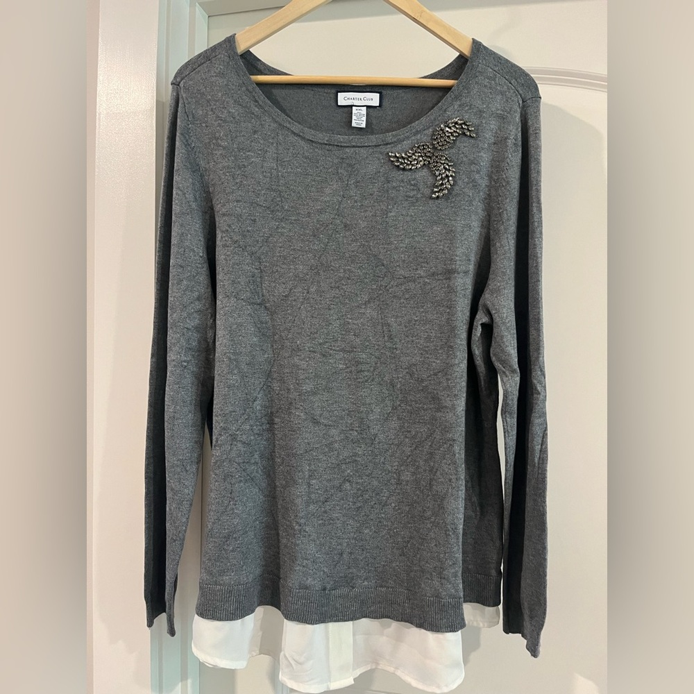 Charter club Gray Long Sleeve Top with Embellished Detail